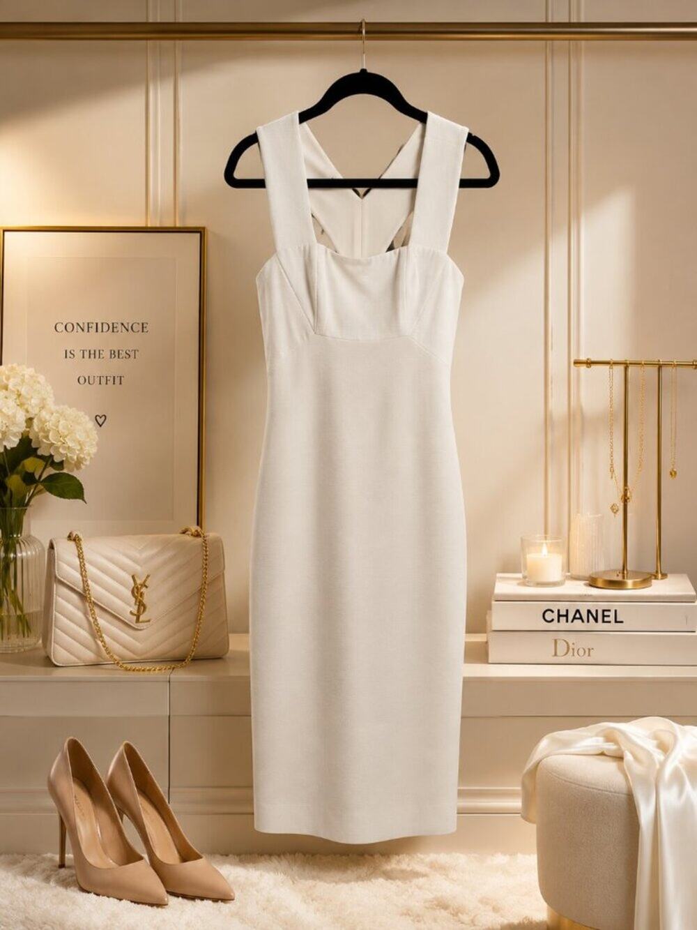 BCBGMAXAZRIA White Textured Sheath Dress Size 6 Open Back Cocktail Midi Dress